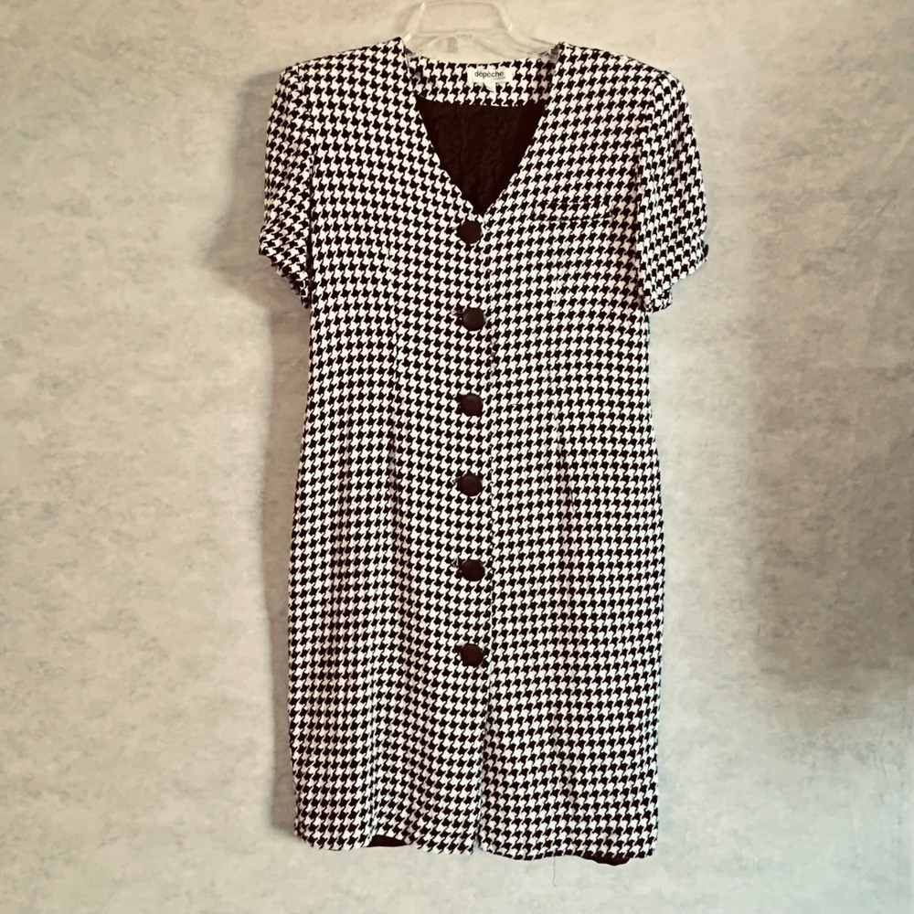 Depêche Mode Black White Houndstooth Button Front Midi‎ Dress Size 12